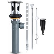 Bathroom sink pop-up drain kit with chrome slotted cap, gray body, lift rod, pivot rod, clevis strap and black stopper