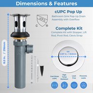 Pop-up drain with overflow, 8.5 in. length and 2-1/8 in. flange outside diameter, complete kit with stopper, lift rod, pivot rod and clevis strap