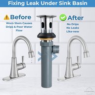 Before and after: dripping brushed nickel faucet and worn drain parts versus a repaired bathroom sink with a new pop-up drain