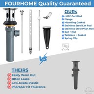 Pop-up drain kit component list compared with a lower-grade plastic drain