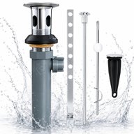 Pop-up drain body with stopper, lift rod and pivot rod in a splash of water