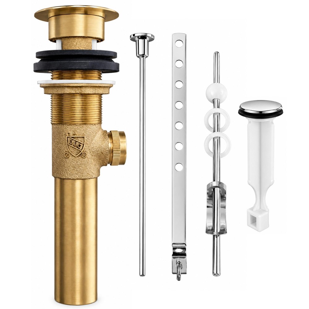 Cast brass bathroom sink pop-up drain body with lift rod, pivot rod, clevis strap and chrome stopper laid out as a complete kit