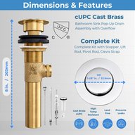 Cast brass cUPC pop-up drain with overflow, 8 in. length and 2-1/8 in. flange outside diameter, complete kit with stopper, lift rod, pivot rod and clevis strap