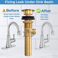 Before and after: dripping faucet and worn drain parts versus a repaired bathroom sink with a cast brass pop-up drain