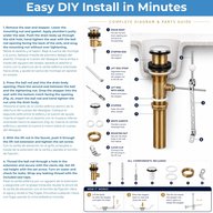 Step by step installation text and labeled parts diagram for a cast brass pop-up drain with overflow