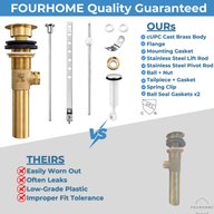 Cast brass pop-up drain kit component list compared with a lower-grade plastic drain