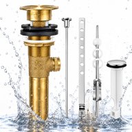 Cast brass pop-up drain body with stopper, lift rod and pivot rod in a splash of water