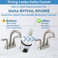 Before and after: a dripping Delta two-handle bathroom faucet versus a repaired faucet with a new stem