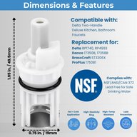 Delta RP1740 stem repair kit dimensions, 1.95 in. long and 0.75 in. wide, with NSF/ANSI/CAN 372 lead-free callout and cross-reference part numbers
