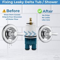 Before and after: a dripping Delta tub and shower trim versus a fixed valve with a new pressure balance cartridge