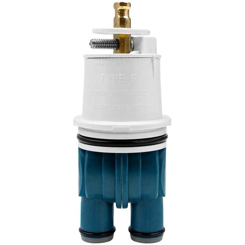 Delta RP19804 replacement pressure balance cartridge with white body, blue base and brass stem, front view