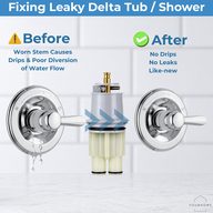 Before and after of a leaky Delta tub and shower valve fixed with a new RP46074 cartridge