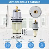 Delta RP46074 cartridge dimensions, 4.3 in. tall with 1.9 in. and 1.45 in. widths, plus the limit stop disc detail