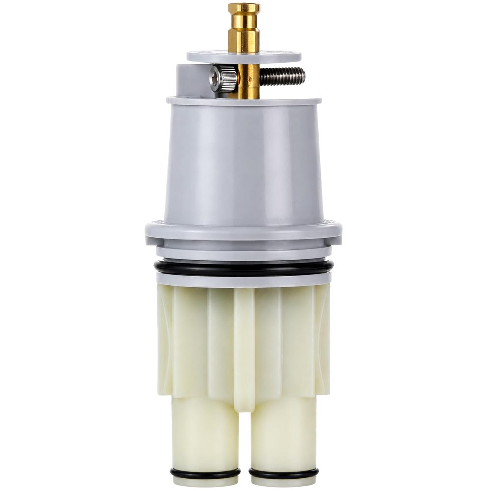 Delta RP46074 replacement pressure balance cartridge with gray cap, brass stem and cream body, front view