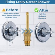 Before and after: a dripping Gerber shower valve with cross handles versus a fixed valve with a new brass stem
