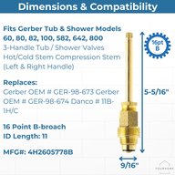 Gerber 98-673 stem dimensions and compatibility for Gerber tub and shower valve models, with broach size and ID length