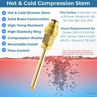 Gerber 98-673 and 98-674 stem features: solid brass, high-temperature resistant, high-elasticity ring, compression washer, reversible install and flow control, for Gerber three-handle tub and shower models