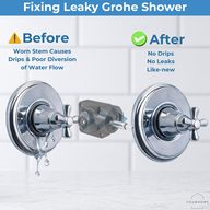 Before and after of a leaky Grohe shower valve fixed with a new 47080000 pressure balance cartridge