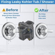 Before and after: a dripping Kohler tub and shower trim versus a fixed valve with a new pressure balance unit
