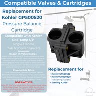 Kohler GP500520 and GP800820 compatibility graphic listing compatible 1/2 in. valve bodies, trims, and valves it does not fit