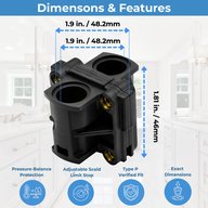 Kohler GP500520 pressure balance unit dimensions, 1.9 in. wide and 1.81 in. tall, with pressure balance protection and adjustable limit stop