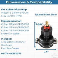Kohler GP876851 kit dimensions, 3-5/8 in. tall and 2.6 in. wide, fits K-304 and K-11748 valves