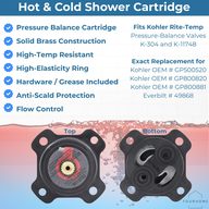 Kohler GP876851 pressure balance unit shown from the top and bottom with its feature list