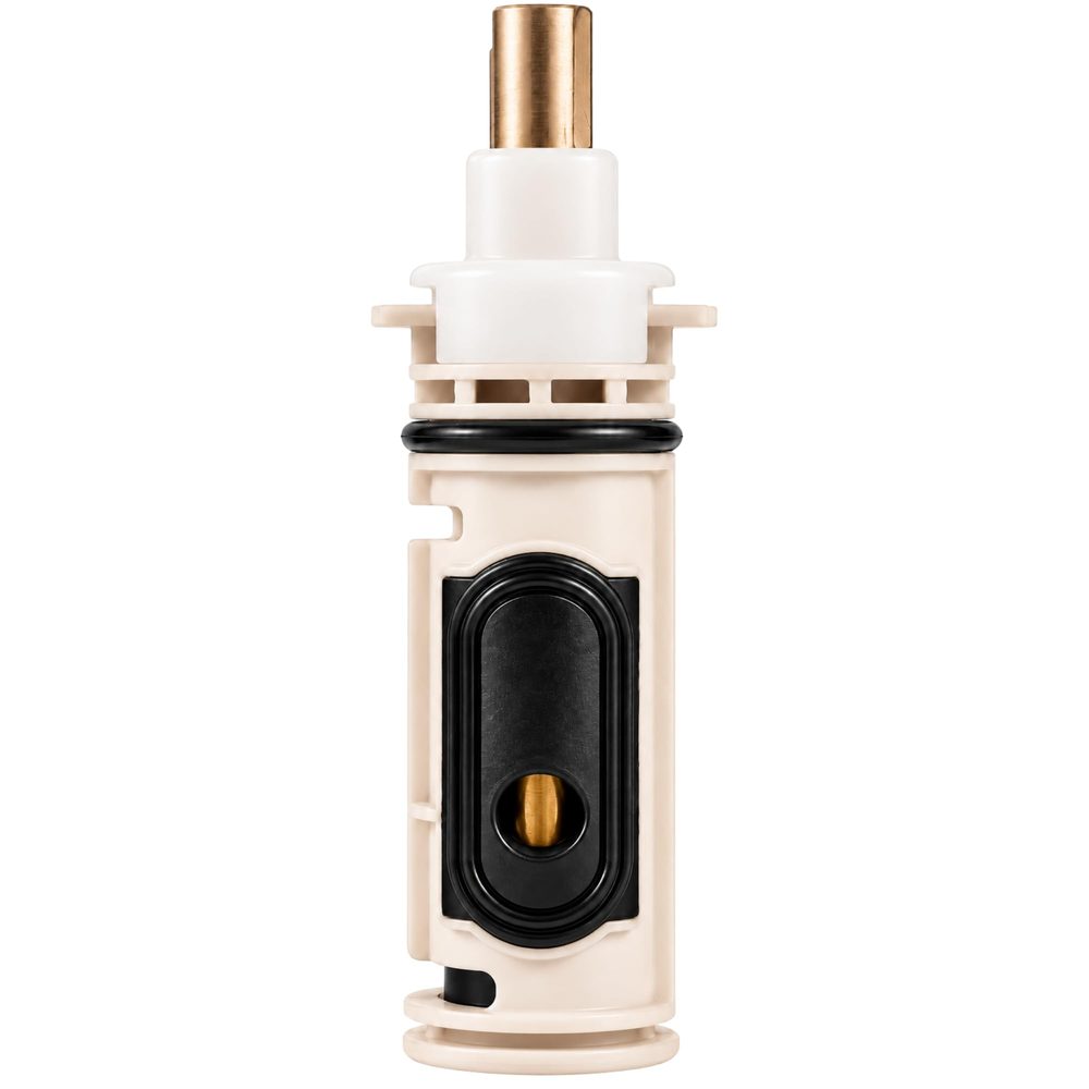 Moen 1222 replacement shower cartridge with brass stem, white plastic cap and black pressure balancing piston, front view