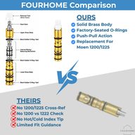 Comparison of the FourHome Moen 1225 and 1200 brass cartridge with a low-detail competitor cartridge