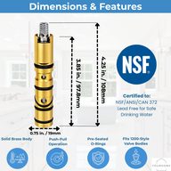 Moen 1225 and 1200 brass cartridge dimensions, 3.85 in. body, 4.25 in. overall and 0.75 in. diameter, NSF 372 lead-free