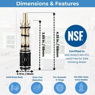 Moen 1225 push-pull cartridge dimensions, 3.85 in. body and 4.25 in. overall, NSF 372 lead-free