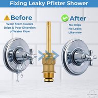 Before and after of a dripping Pfister shower valve repaired with a new 910-374 stem