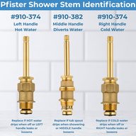 Pfister 3-handle stem identification: 910-374 hot on the left, 910-382 diverter in the middle, 910-374 cold on the right