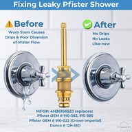 Before and after of a dripping Pfister shower valve repaired with a new 910-382 diverter stem