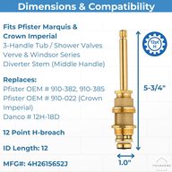 Pfister 910-382 diverter stem dimensions and compatibility, 12-point H broach and 1.0 in. thread diameter