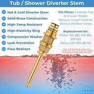 Pfister 910-382 tub and shower diverter stem features over a hot and cold water graphic, replaces 910-385 and 910-022