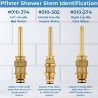 How to identify Pfister 3-handle stems: 910-374 left for hot, 910-382 middle for the diverter, 910-374 right for cold