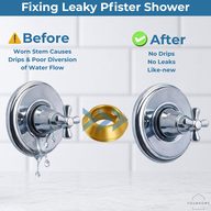 Before and after of a leaky Pfister shower valve fixed with new brass bibb seats