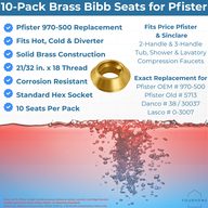 Pfister 970-500 replacement bibb seat features: solid brass, 21/32 in. x 18 thread, hex socket and 10 seats per pack