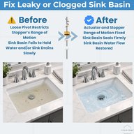 Before and after: a sink basin draining slowly with a loose pivot versus a clean, fast-draining basin after the fix