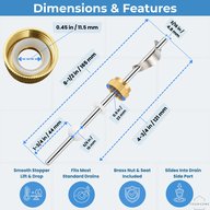 Pivot ball rod dimensions in inches and millimeters, with smooth stopper lift, brass nut and seat included