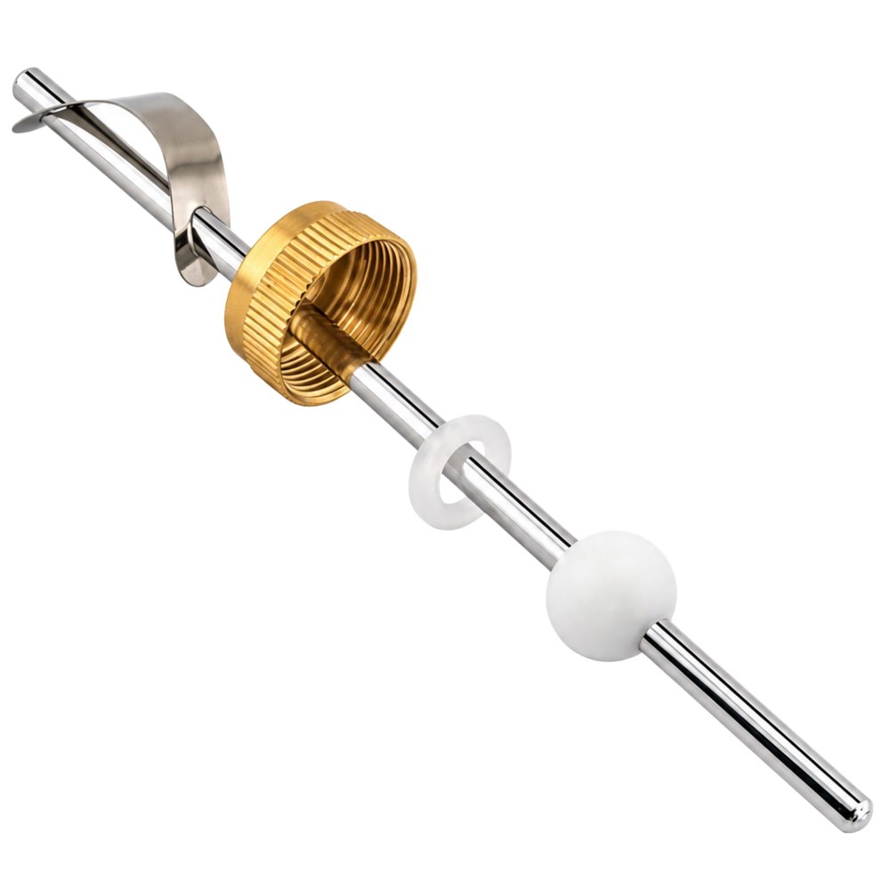 Chrome pop-up drain pivot ball rod with brass pivot nut, white seat washer, white pivot ball and spring clip