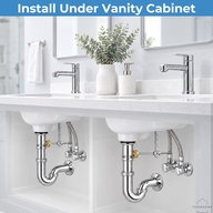 Two bathroom vanity sinks showing where the pop-up drain pivot rod sits under the cabinet
