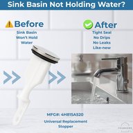 Before and after: a sink basin that will not hold water versus a tight seal with a replacement pop-up stopper