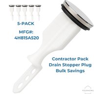 Pop-up sink stopper 5 pack graphic: five small stoppers above one large stopper, labeled contractor pack with bulk savings