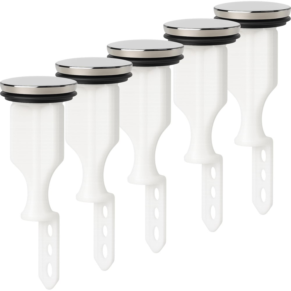 Five white plastic pop-up sink stoppers with chrome caps and black gaskets, staggered in a row