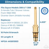 Sayco 06550 diverter stem dimensions and compatibility for Sayco 308 and T-308 three-handle tub and shower valves, with broach size and ID length