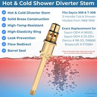 Sayco 06550 diverter stem features: solid brass, high-temperature resistant, high-elasticity ring, leak prevention, flow redirect and barrel seal, with cross-reference part numbers