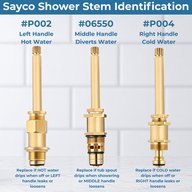 Sayco shower stem identification: P002 left handle hot, 06550 middle handle diverter and P004 right handle cold, side by side