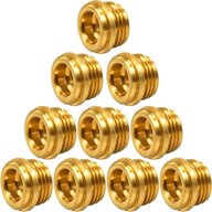 Ten brass bibb seats for Sayco faucets arranged in a pyramid